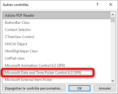 Calendrier dans un formulaire Excel : Microsoft Date and Time Picker Control 6.0 (SP6)