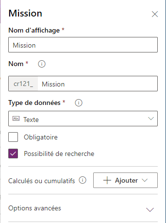 champs dans une table Dataverse : Création du champ Mission