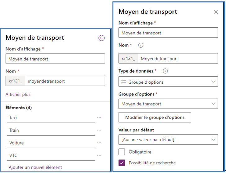 champs dans une table Dataverse : Création du champ Moyen de transport