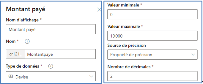 champs dans une table Dataverse : Création du champ Montant payé