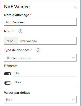 champs dans une table Dataverse : Création du champ NdF Validée