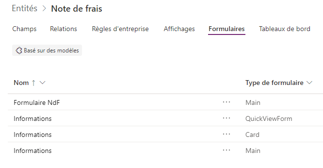 Vue de table Dataverse : Formulaires de la table