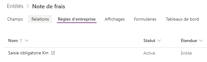 Règle Dataverse obligatoire : Règle activée dans Dataverse