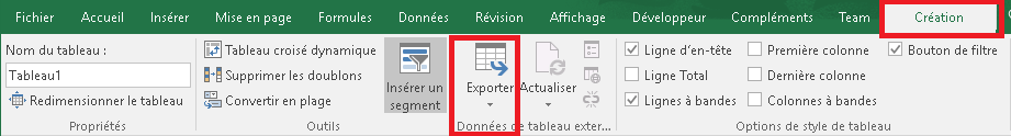 Exporter Excel dans SharePoint : Ruban CRÉATION avec le menu Exporter
