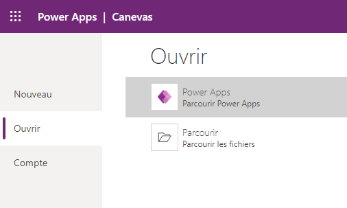 Page Ouvrir des applications Power Apps