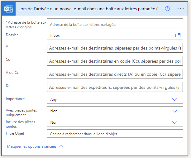 Fichier vide avec Power Automate : Déclencheur Lors de l'arrivée d'un nouvel e-mail dans une boîte aux lettres partagée (V2)
