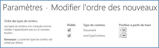 Affichage du type de contenu SharePoint 2016 par défaut