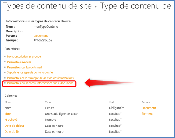 Colonnes de sites du type de contenu monTypeContenu