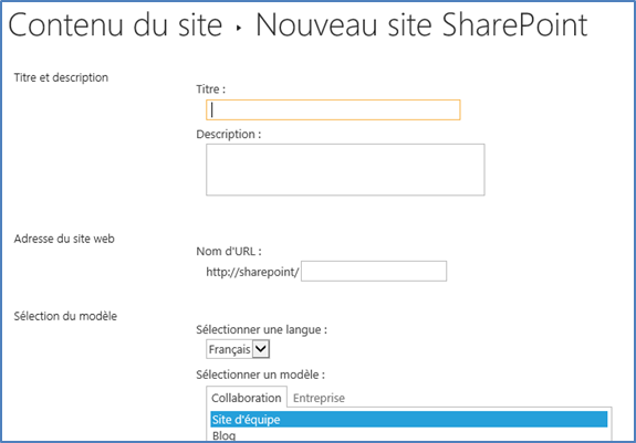 Sous-site SharePoint 2016 : Fenêtre Nouveau site SharePoint