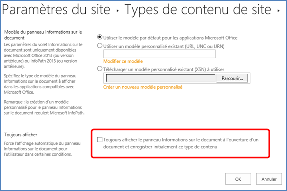 Type de contenu SharePoint 2016 : Panneau Informations sur le document