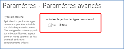 Autoriser la gestion du type de contenu SharePoint 2016