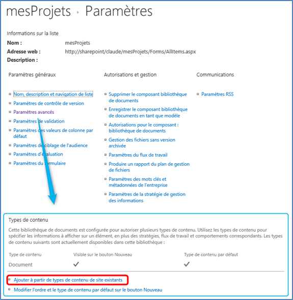 Type de contenu SharePoint 2016