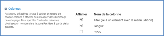 Tri dans SharePoint 2016 : Sélection des colonnes à afficher dans l'affichage