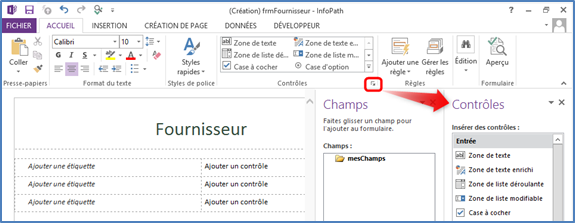 Formulaire InfoPath 2013 simple : Volet Contrôles