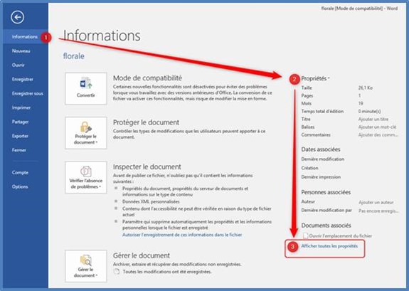 Afficher toutes les propriétés du document dans Word 2016