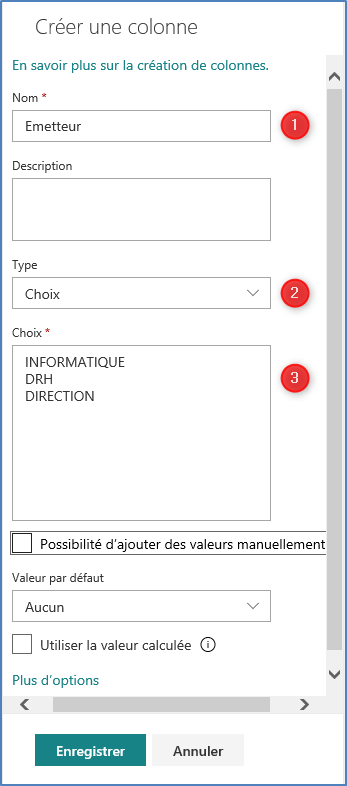 Colonne Emetteur avec ses valeurs dans une bibliothèque SharePoint 2019