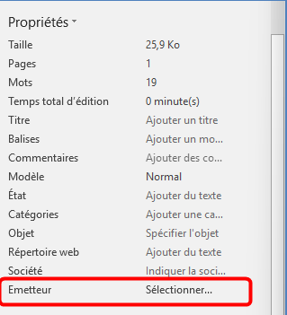 Propriété Emetteur dans le document Word 2016