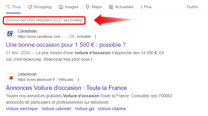 Recherche Google précise: voiture d'occasion 1500 € (600 000 résultats)