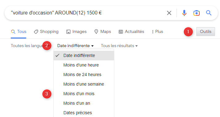 Recherche Google avancée : _voiture d'occasion_ AROUND(12) 1500 € de moins d'un mois
