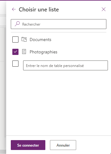 Choisir une liste SharePoint