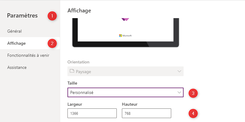 Paramètres Affichage Power Apps