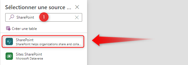 Volet Sélectionner SharePoint dans Power Apps