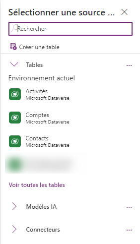 Volet Sélectionner une source dans Power Apps