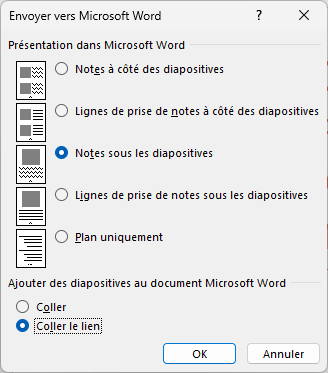 exporter powerpoint vers word avec liens