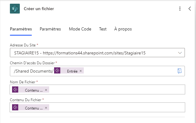 parametres pour creer un fichier dans sharepoint